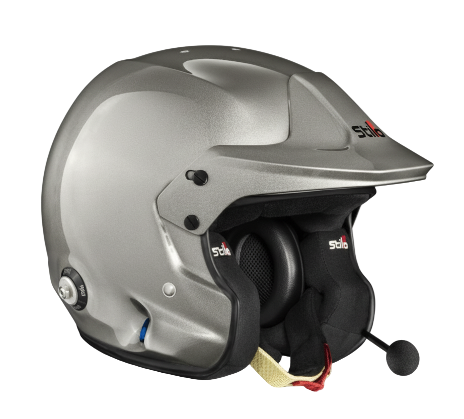 Silver helmet with a built-in microphone on a transparent background