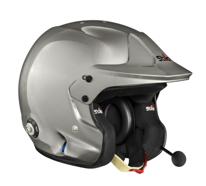 Silver helmet with a built-in microphone on a transparent background