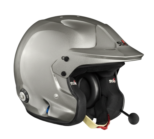 Silver helmet with a built-in microphone on a transparent background