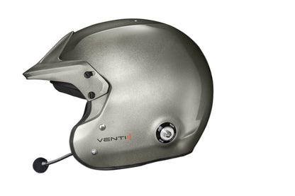 Silver helmet with a microphone on a black background